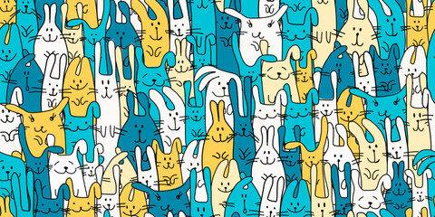 Funny Bunnies family. Seamless pattern background with Rabbits. Symbol of 2023 chineese new year. Cute characters, childish style. Vector illustration