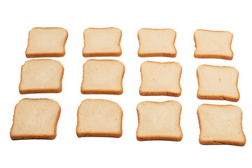 Delicious bread slices isolated on a white background, top view.