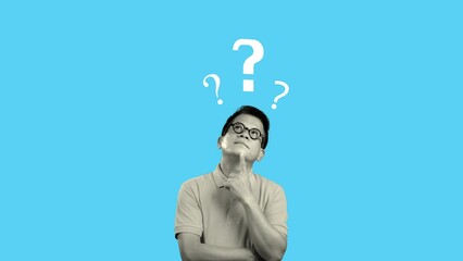 Asian man thinking something with question marks on blue background. 4K loop stop motion and 2D animation. Inspiration trendy idea concept, modern design, contemporary art collage.