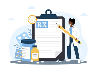 Medical prescription drugs concept. African female doctor with giant pencil standing near large recipe on clipboard. Diseases therapy pills. Pharmacy control. Vector illustration in cartoon style.