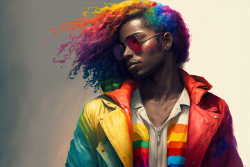 Portrait of a person wearing rainbow clothes and hair.