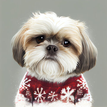 shih tzu dog with red christmas decorations
