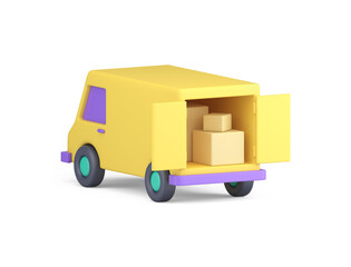 Cargo minivan yellow automobile open doors full of cardboard package realistic 3d icon