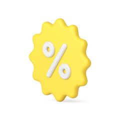 Volumetric 3d sticker with percentages. Yellow stellate price tag clearance sale with discounts - obrazy, fototapety, plakaty