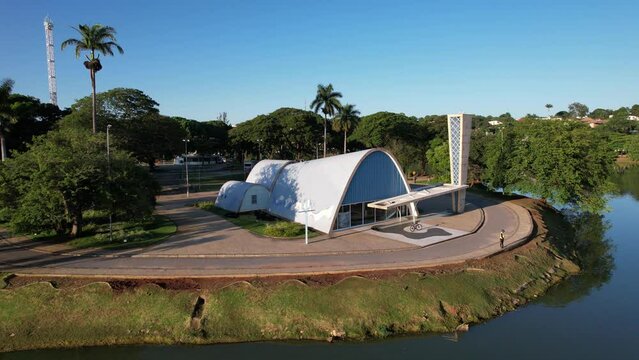 Lagoa da Pampulha, in Belo Horizonte, overlooking the Church of S&atilde;o Francisco de Assis and Guanabara Park. Minas Gerais Brazil. Aerial view.