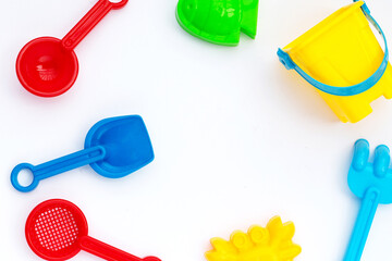 Plastic toys, shovels with bucket