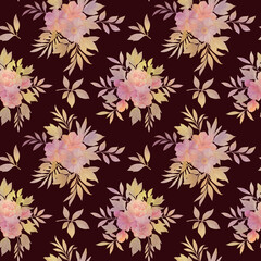 Watercolor floral seamless pattern. delicate bouquets of colorful flowers, leaves, herbs, and buds on an abstract background.