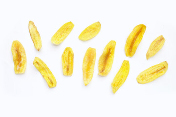 Banana slice chips on white background