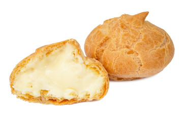 Cake cream puff with custard cream isolated on white background