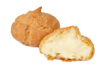 Cake cream puff with custard cream isolated on white background