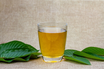 Mitragyna Speciosa Korth or kratom tea in transparent glass wtih green leaf on sackcloth.