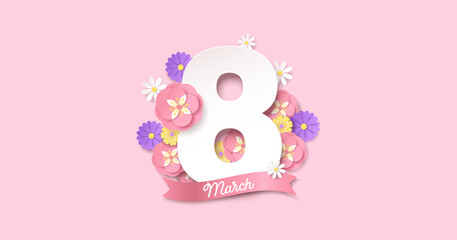 International Women's Day, March 8 number decorated with flowers in paper cut art style.