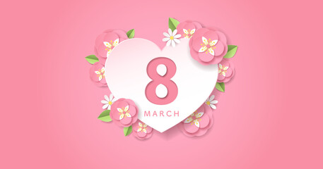 International Women's Day graphic. March 8 on heart shape panel, decorated with pink paper cut flowers.