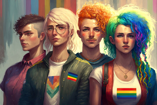 A group of people with colorful hairstyles and rainbow patches.