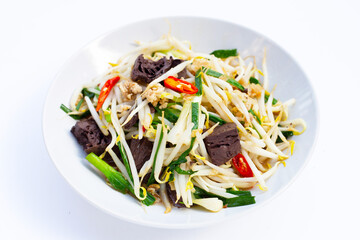 Stir fried chicken blood jelly with bean sprouts