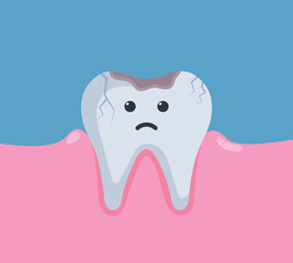 Sad painful damaged darkened tooth with hole, caries, decay, cavity. Toothache Cartoon Character Concept Vector Illustration. Cute caries teeth character.