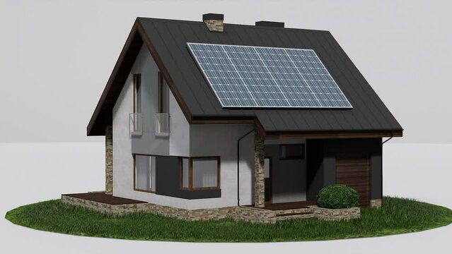 Solar panels on roof. Beautiful modern house and solar energy, 3D animation.