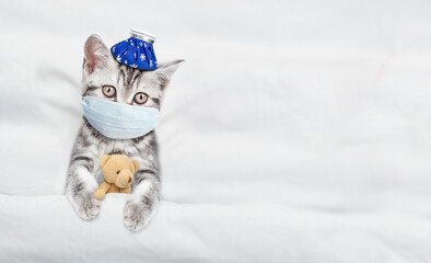 Kitten with ice bag or ice pack on his head wearing medical protective mask lying with toy bear under white warm blanket on a bed at home. Top down view. Empty space for text