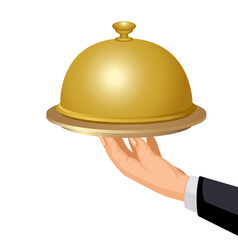 Fototapeta premium hand carrying golden serving dish cartoon realistic illustration vector