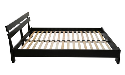 Black orthopedic wooden double bed, on an isolated white background
