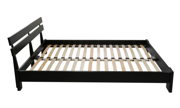 Black orthopedic wooden double bed, on an isolated white background