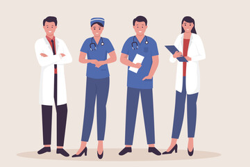 Vector doctors and team diverse hospital staff. Illustrations for websites, landing pages, mobile apps, posters and banners. Trendy flat vector illustration
