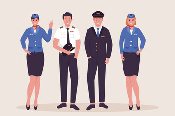 Vector pilot and flight attendant collection. Illustrations for websites, landing pages, mobile apps, posters and banners. Trendy flat vector illustration