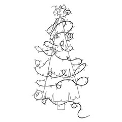Cartoon Christmas tree with Christmas lights for coloring book. Linear design for children's coloring books
