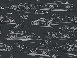 Racing cars seamless pattern. Hand drawn fun cartoon endless ornament for children fabric and fashion print. Vector background. © Алексей Панков