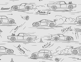 Racing cars seamless pattern. Hand drawn fun cartoon endless ornament for children fabric and fashion print. Vector background. © Алексей Панков