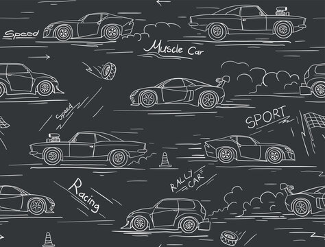 Racing cars seamless pattern. Hand drawn fun cartoon endless ornament for children fabric and fashion print. Vector background.
