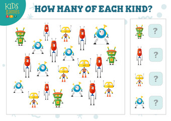 How many of each kind cartoon robot counting game for kids vector illustration