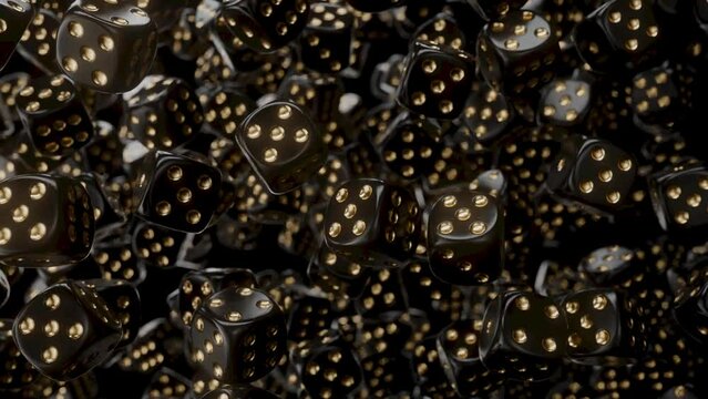 A loop able animation of black casino dice with gold markings rotating randomly in the air on a dark background