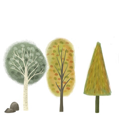 herbstliche Kinderillustration verschiedener B&auml;ume und Steine