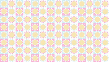 Checkerboard seamless pattern with geometric shaped flowers. Colorful vector background in retro style. Vintage hippie aesthetic. Pattern with flowers for tablecloth, picnic blanket, duvet cover. 