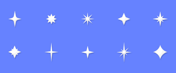 Set of twinkling stars. Collection of stars and bursts with glowing light effect. Bright fireworks, decoration flicker, brilliant flash. Twinkling stars. Vector illustration