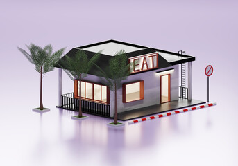 3D Rendering Food Center In Isometric View Exterior Background