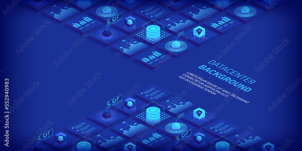 Poster abstract datacenter or blockchain vector isometric background hosting server room cloud storage tech