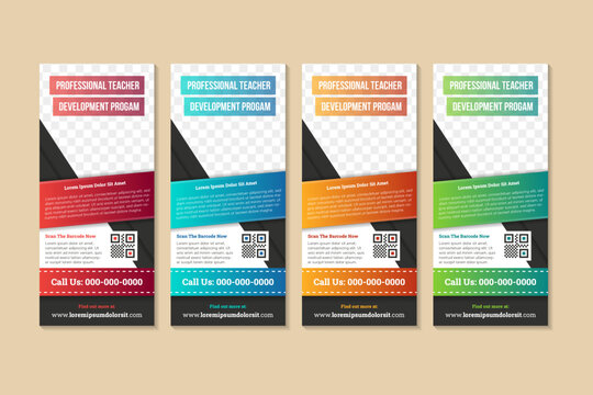 professional teacher development program vertical banner design. abstract geometric modern roll up banners template with white background. Space for the photo collage and text. 