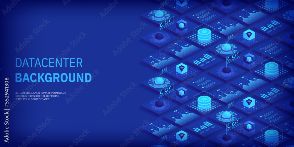 Poster abstract datacenter or blockchain vector isometric background hosting server room cloud storage tech