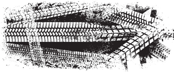 Vector Print Textured Tire Track . Design Element . Car tread silhouette . Mud splash grunge texture. Screen print texture .