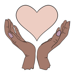 Hand drawn illustration of two human person hands holding heart love st valentine in elegant gesture. Simple minimalist symbol concept in black line outline, skin color diversity.