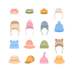Baby hats colorful cartoon icons. Simple flat pictograms of children clothes. Cute hats, caps, sun hats for newborn child, toddler, little boy or girl. Kids wardrobe garment. Warm hat with bear ears