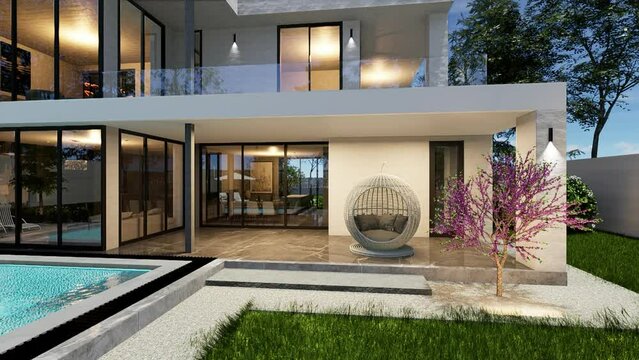 Modern house with a garden and a recreation area by the pool, 3D animation.