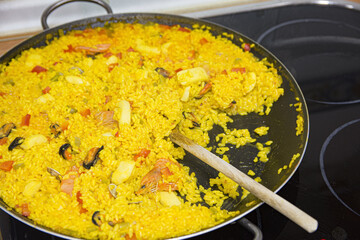 Traditional Spanish paella with seafood. 
