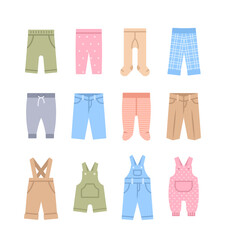 Baby clothes colorful flat icons. Children clothing cartoon pictograms. Pants, jeans, sweatpants, leggings and bodysuits. Kids wardrobe garments. Outfit for newborn child, toddler, little boy or girl