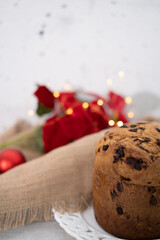 Warm atmosphere with chocolate chips panettone and red flowers and candle - closeup