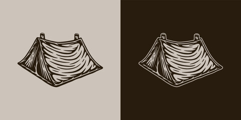 Vintage retro camping adventure travel outdoor element. Tent. Can be used for emblem, logo, badge, label. mark, poster or print. Monochrome Graphic Art. Vector Illustration.