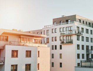 Fototapeta premium Modern architecture building. Contemporary low-rise flat house. Concept of sustainable future living.