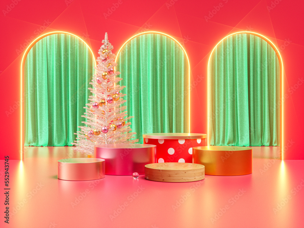 Aufkleber winter christmas background with a podium stage for product display. 3d rendering.